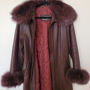 Maroon Leather Women's Jacket with Natural Fur